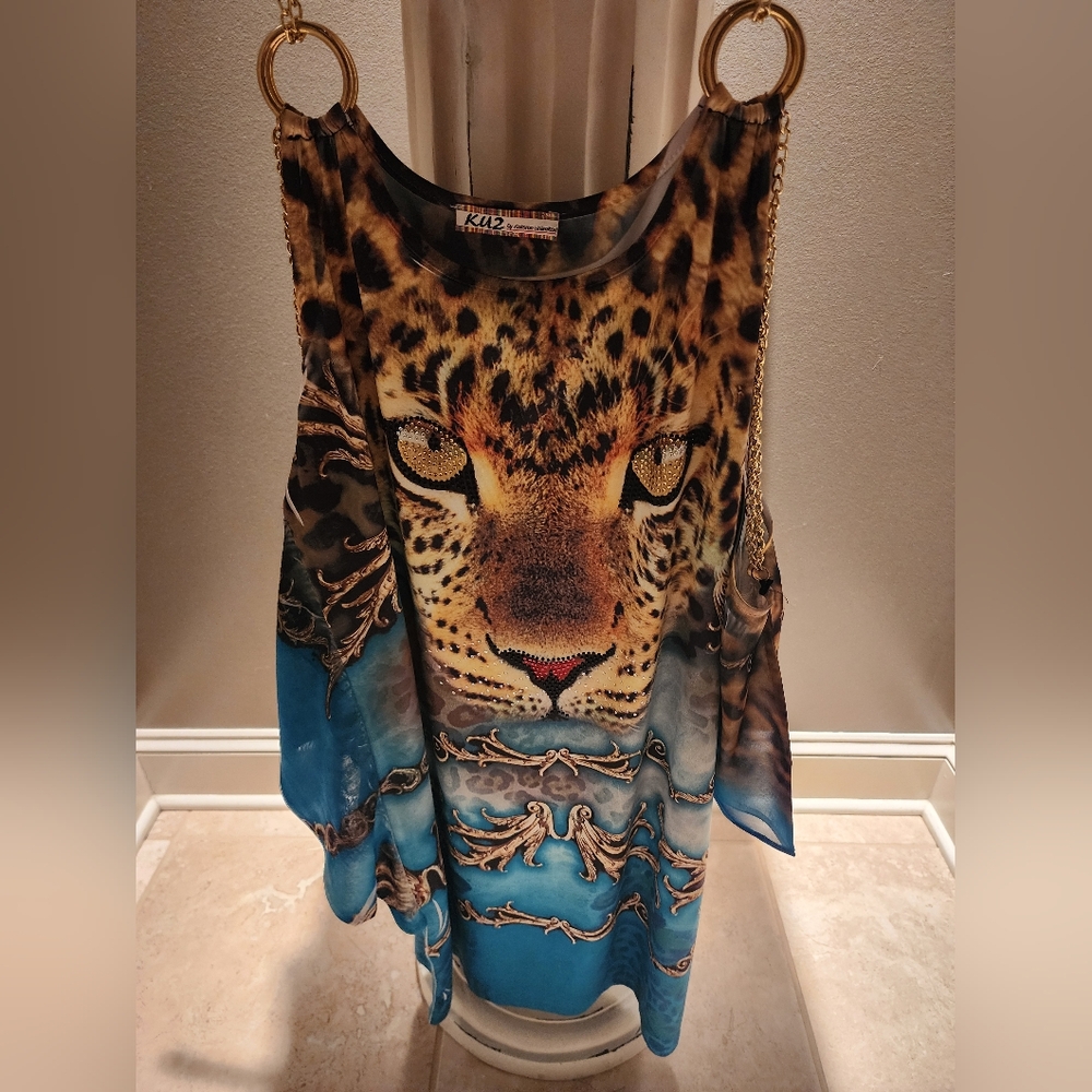 Wild Leopard Print Dress Top with Blue Accents